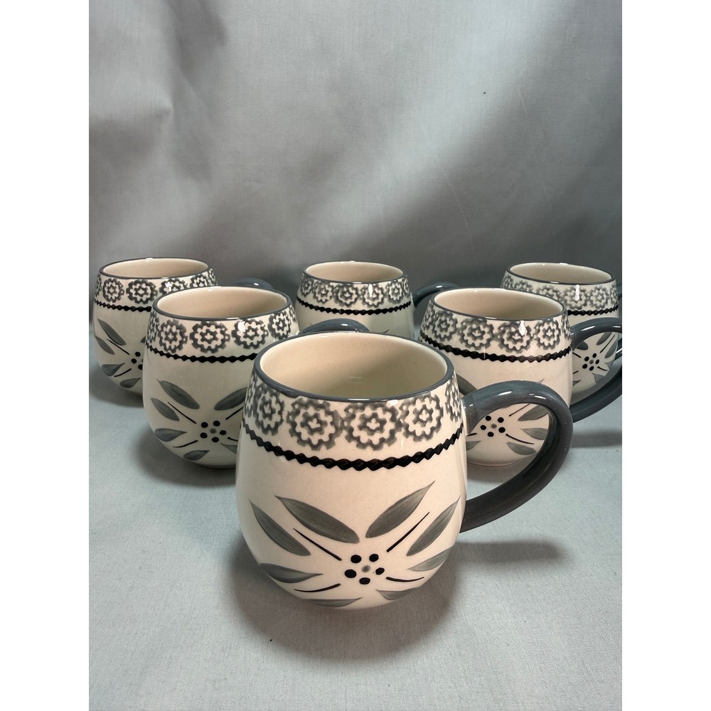 Temp-tations Old World Gray 6 Mugs Rounded Stoneware 14 oz Neutral Farmhouse
